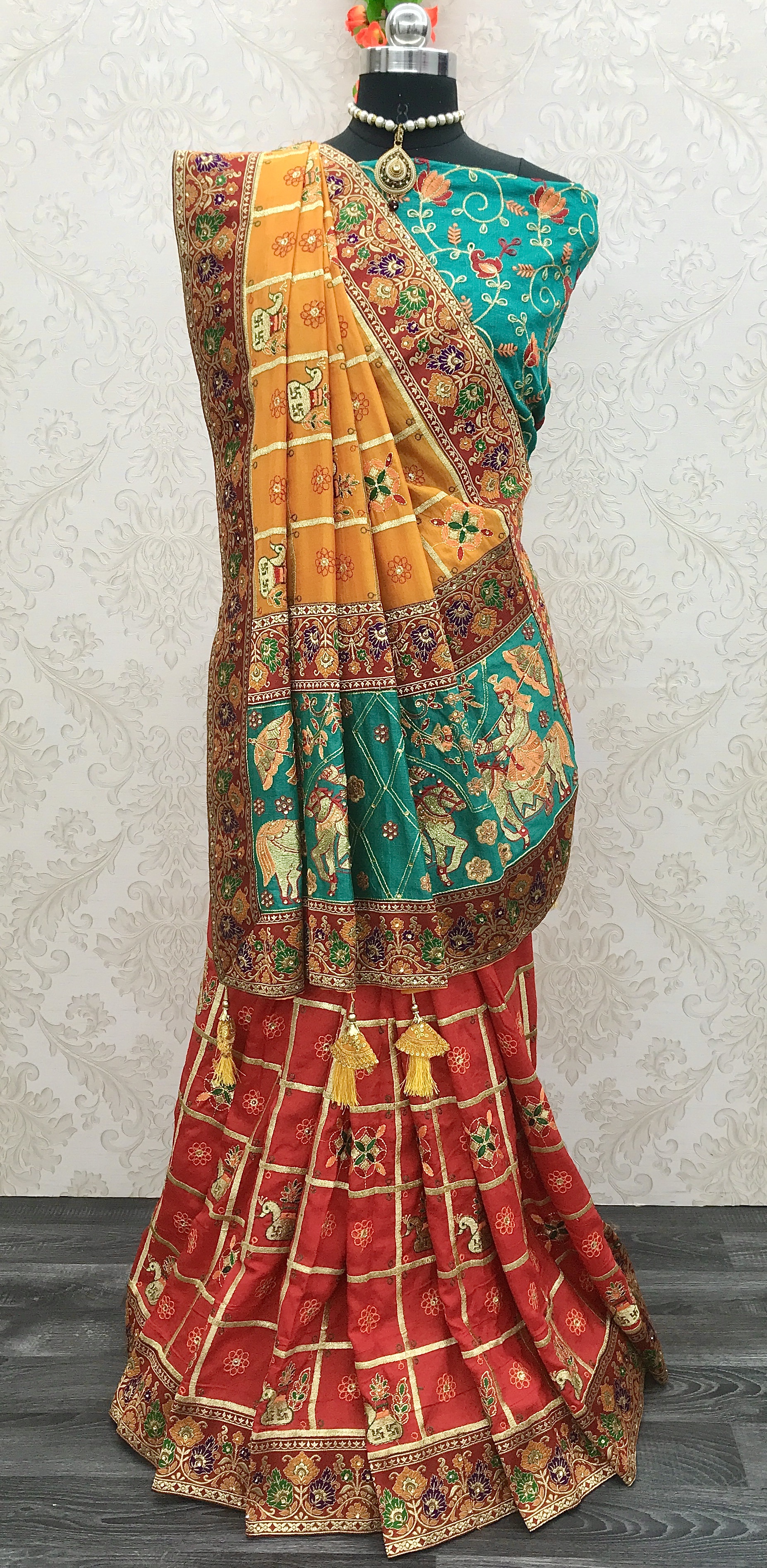 Orange And Red Ceremonial Designer Half N Half Saree